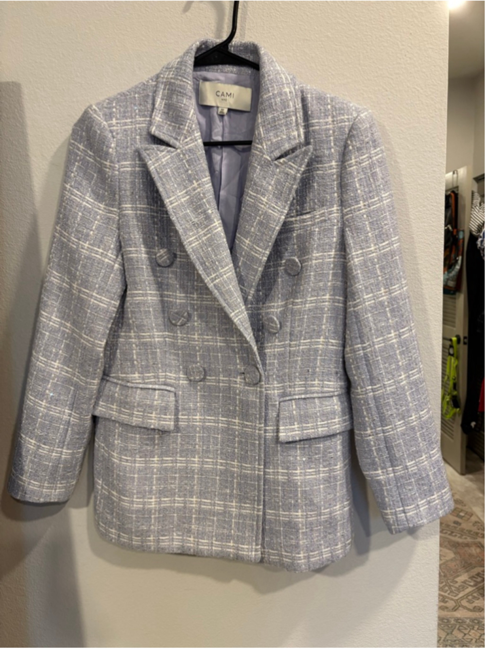 Cami NYC Bruna Tweed Blazer White Delphinium Plaid Double Breasted Blue